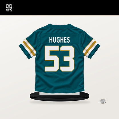 Parker Hughes number 53 Jacksonville Jaguars jersey stand with included black base.