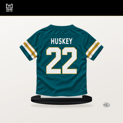 Jalen Huskey number 22 Jacksonville Jaguars jersey stand with included black base.