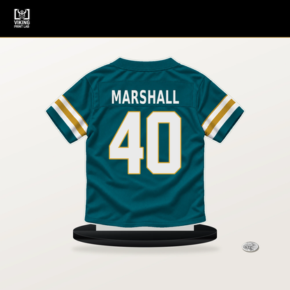 Devon Marshall number 40 Jacksonville Jaguars jersey stand with included black base.