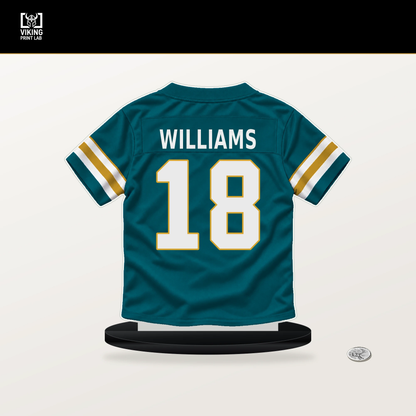 CJ Williams number 18 Jacksonville Jaguars jersey stand with included black base.