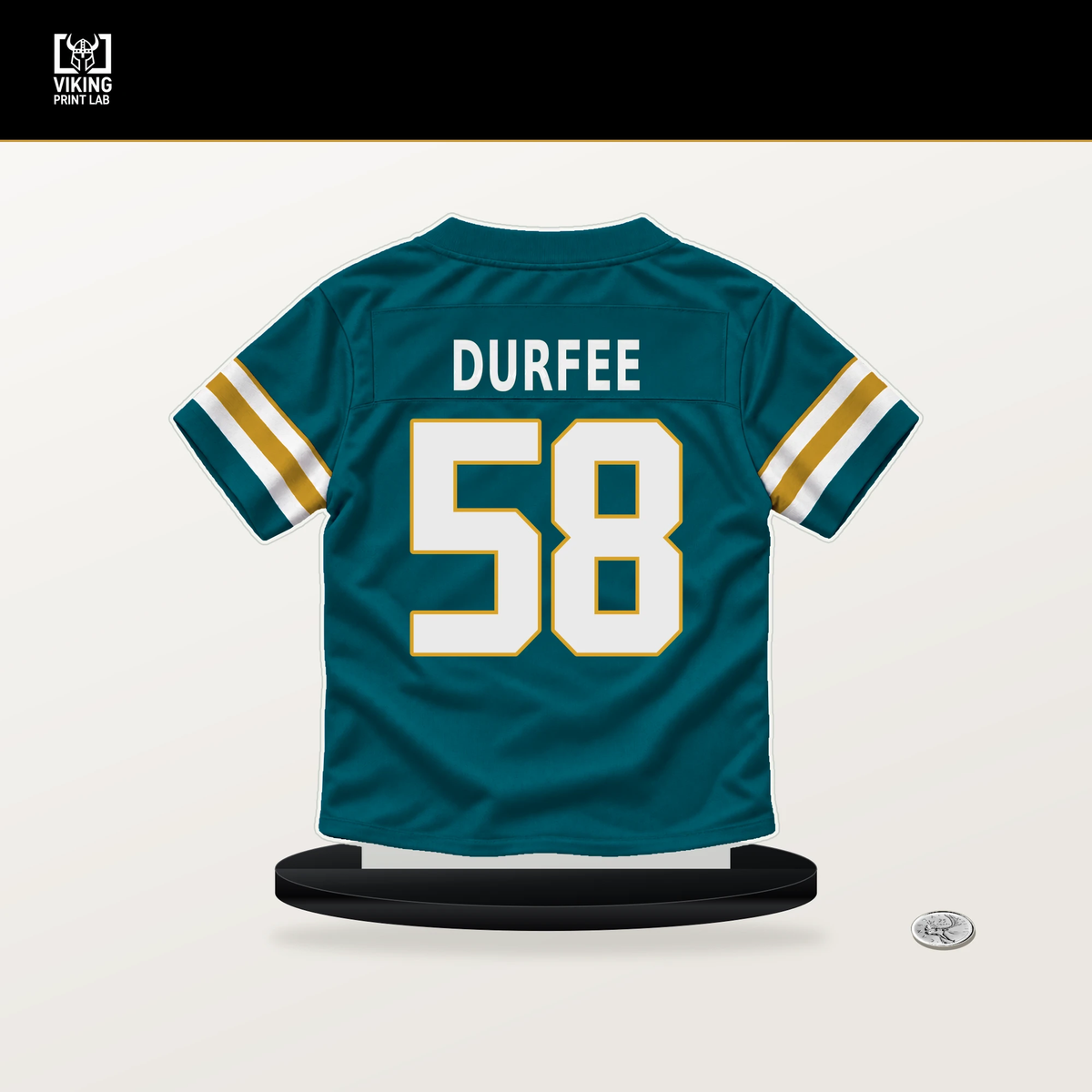 Zach Durfee number 58 Jacksonville Jaguars jersey stand with included black base.