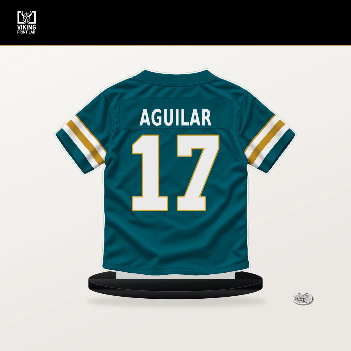 Joey Aguilar number 17 Jacksonville Jaguars jersey stand with included black base.