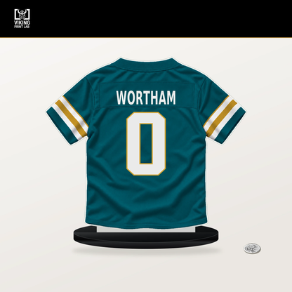 Michael Wortham number 0 Jacksonville Jaguars jersey stand with included black base.