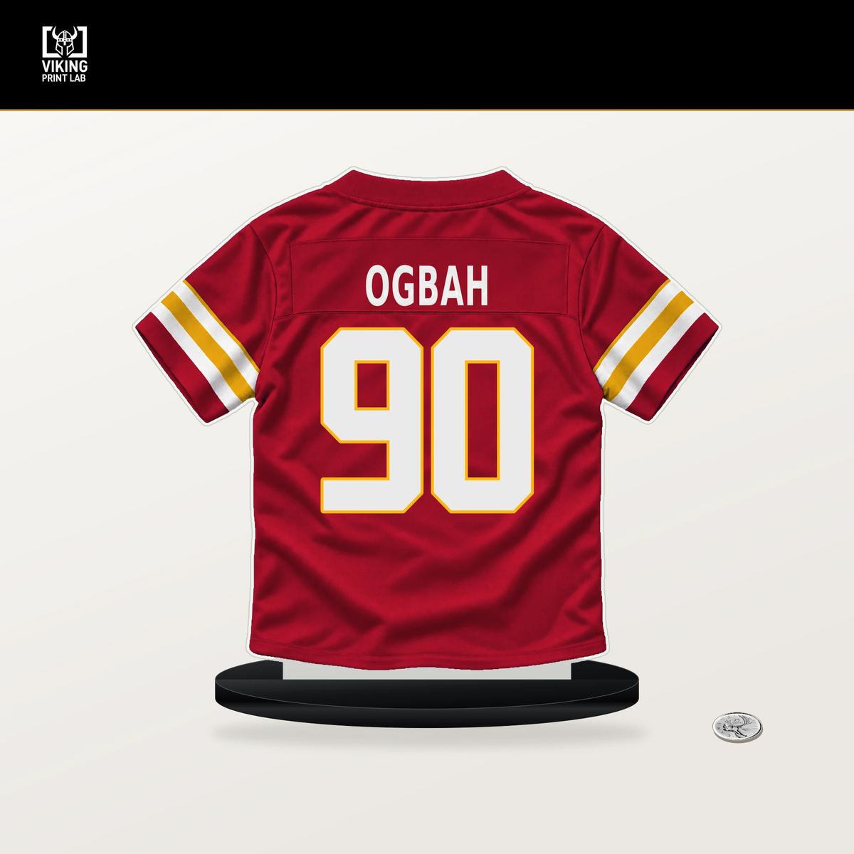 Emmanuel Ogbah number 90 Kansas City Chiefs jersey stand with included black base.
