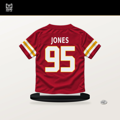 Chris Jones number 95 Kansas City Chiefs jersey stand with included black base.