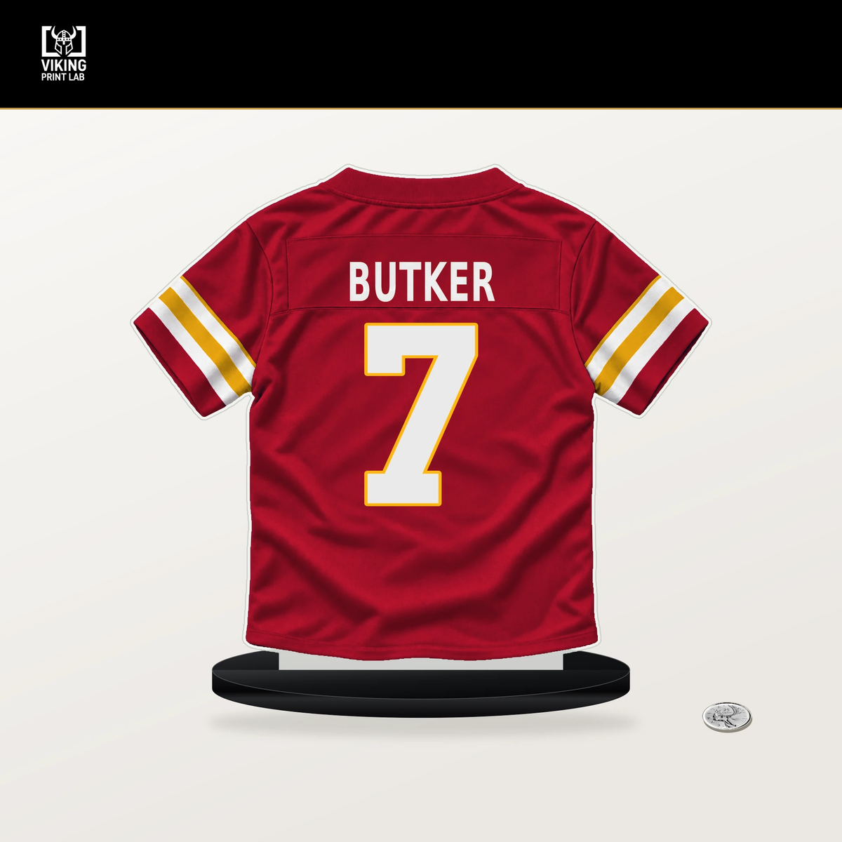 Harrison Butker number 7 Kansas City Chiefs jersey stand with included black base.