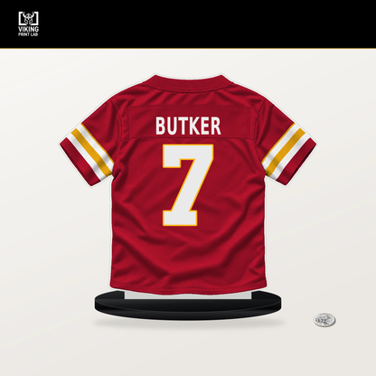 Harrison Butker number 7 Kansas City Chiefs jersey stand with included black base.