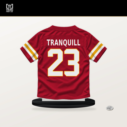 Drue Tranquill number 23 Kansas City Chiefs jersey stand with included black base.