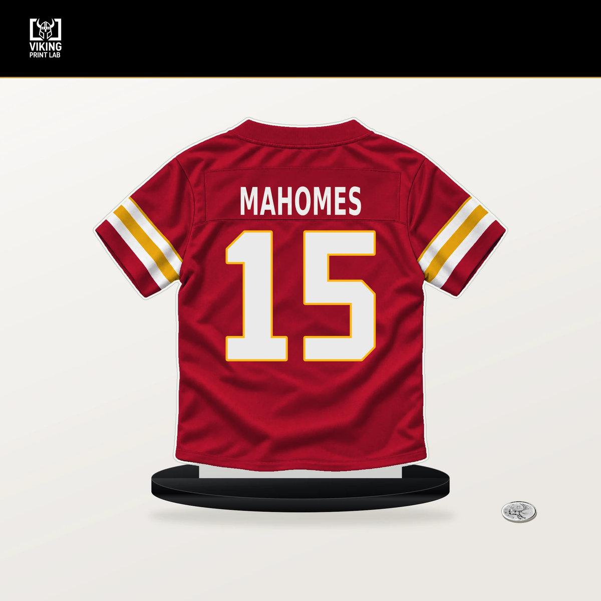 Patrick Mahomes number 15 Kansas City Chiefs jersey stand with included black base.