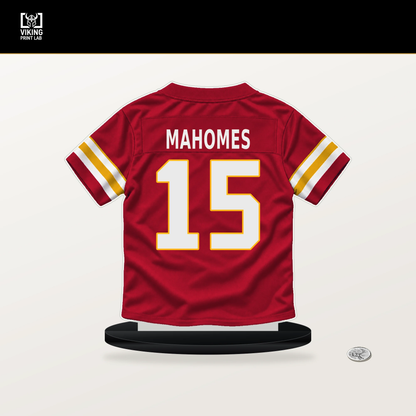 Patrick Mahomes number 15 Kansas City Chiefs jersey stand with included black base.