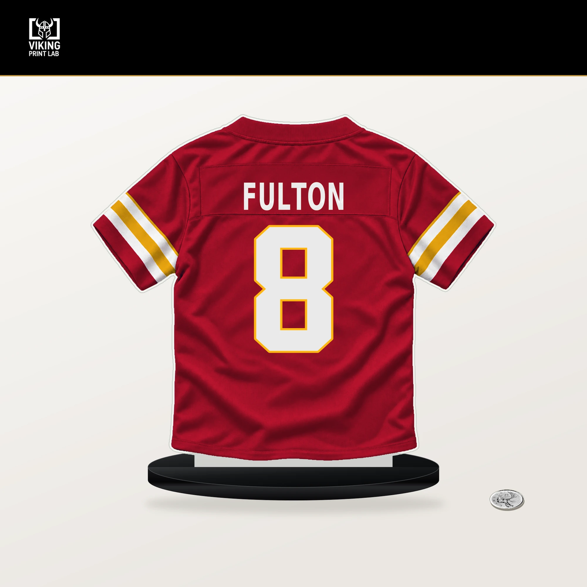 Kristian Fulton number 8 Kansas City Chiefs jersey stand with included black base.