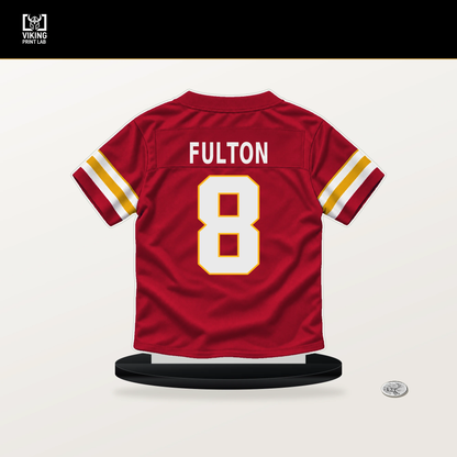 Kristian Fulton number 8 Kansas City Chiefs jersey stand with included black base.