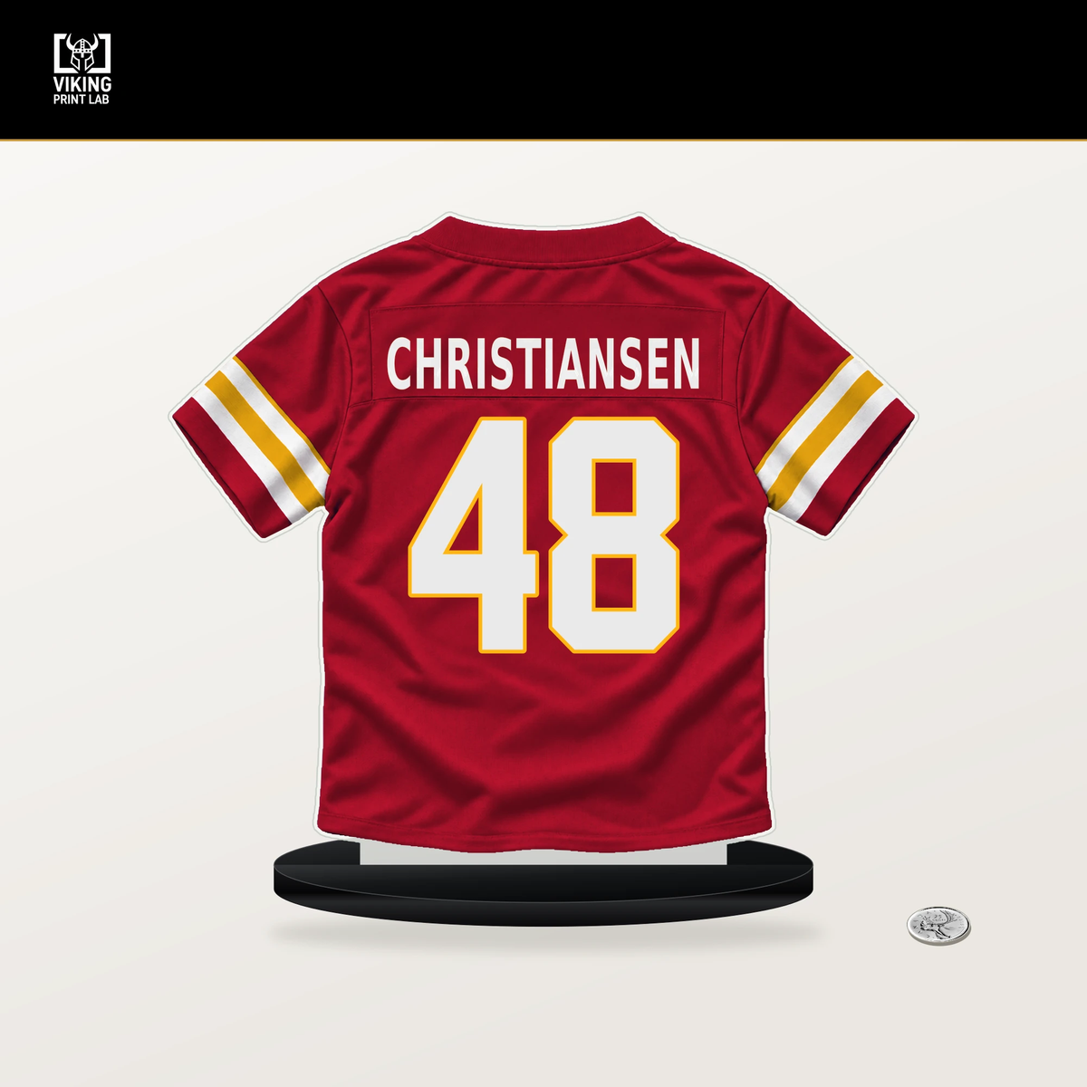 Cole Christiansen number 48 Kansas City Chiefs jersey stand with included black base.