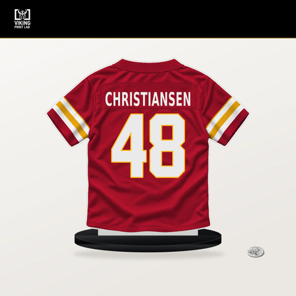 Cole Christiansen number 48 Kansas City Chiefs jersey stand with included black base.