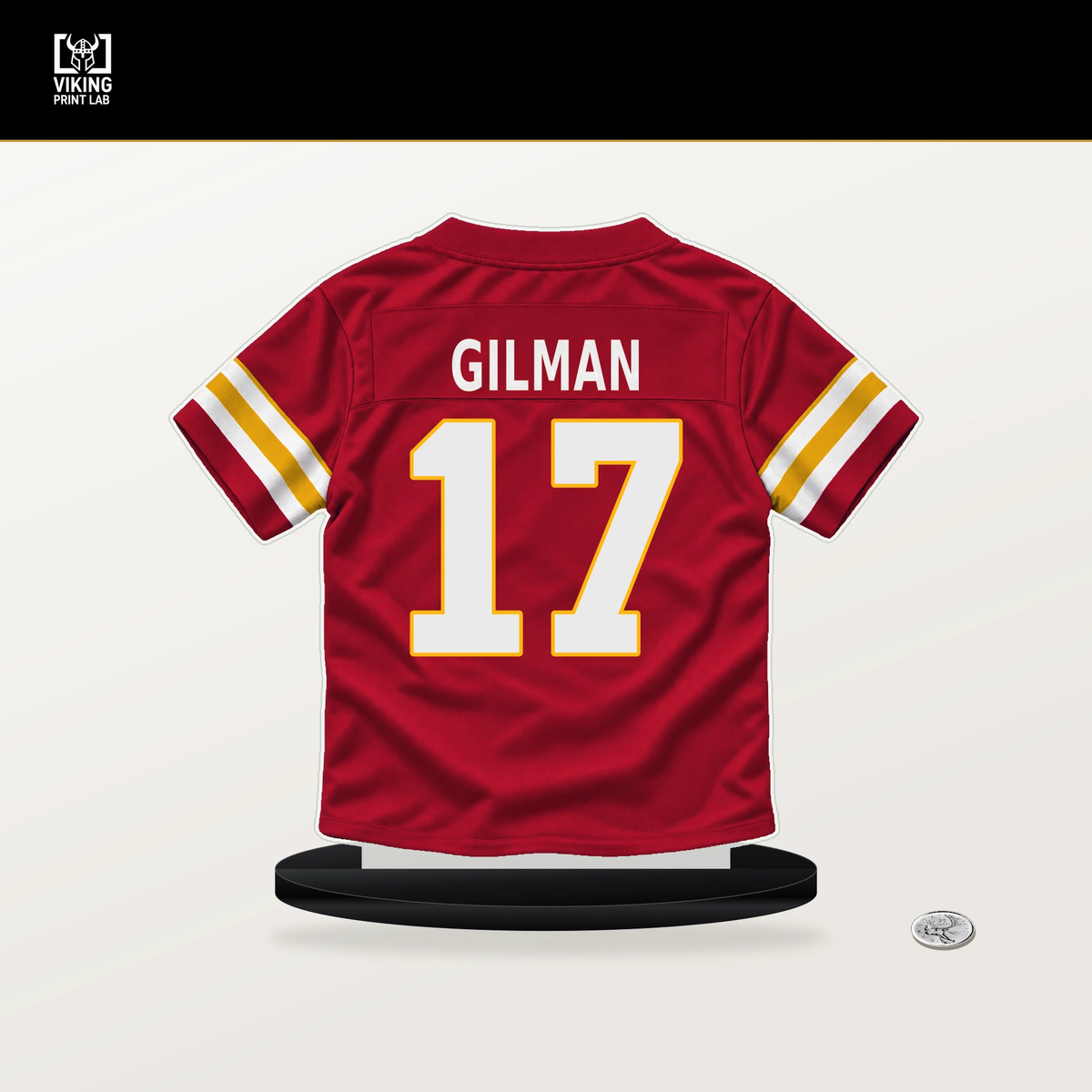 Alohi Gilman number 17 Kansas City Chiefs jersey stand with included black base.
