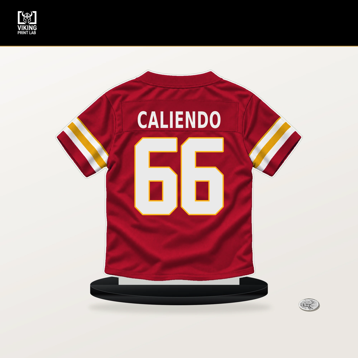 Mike Caliendo number 66 Kansas City Chiefs jersey stand with included black base.