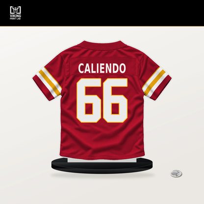 Mike Caliendo number 66 Kansas City Chiefs jersey stand with included black base.