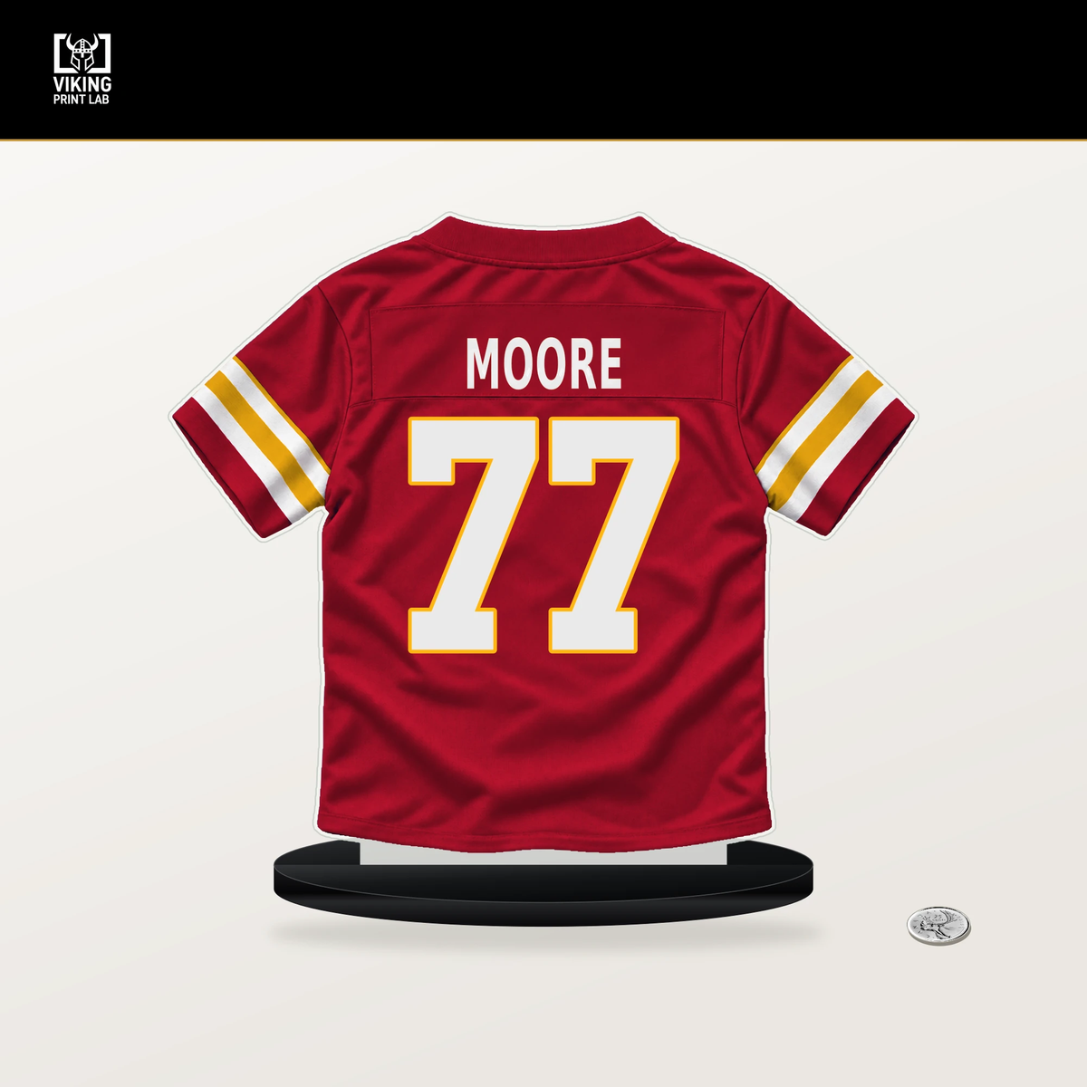 Jaylon Moore number 77 Kansas City Chiefs jersey stand with included black base.