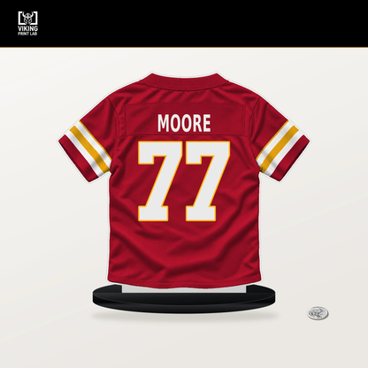 Jaylon Moore number 77 Kansas City Chiefs jersey stand with included black base.