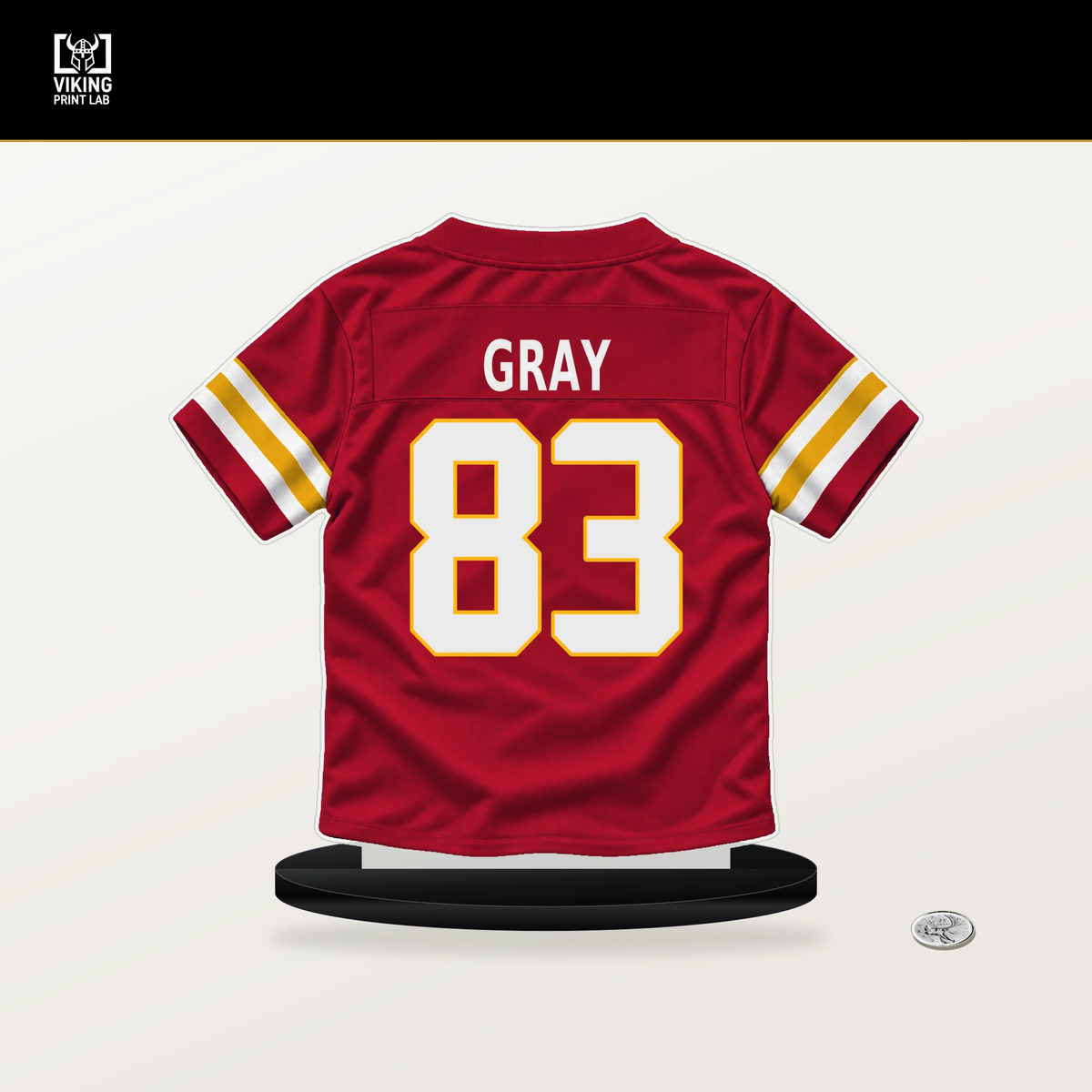 Noah Gray number 83 Kansas City Chiefs jersey stand with included black base.