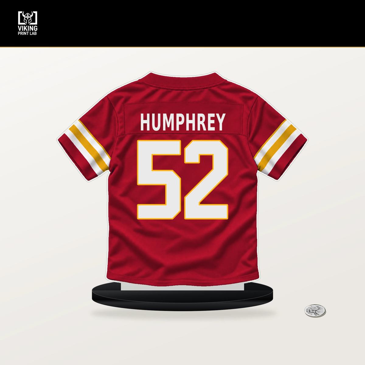 Creed Humphrey number 52 Kansas City Chiefs jersey stand with included black base.