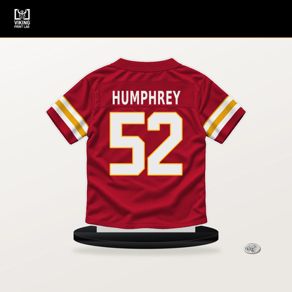 Creed Humphrey number 52 Kansas City Chiefs jersey stand with included black base.