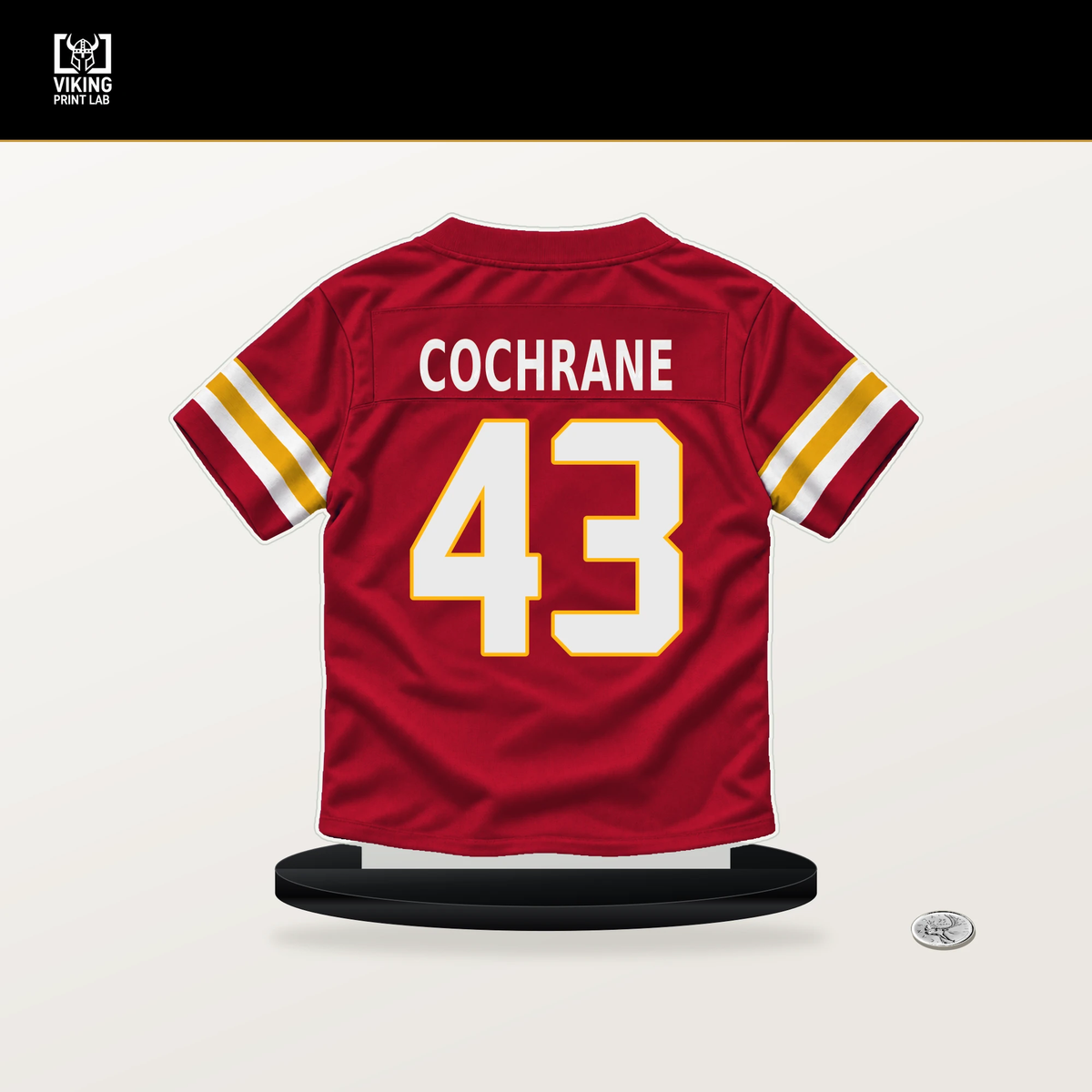 Jack Cochrane number 43 Kansas City Chiefs jersey stand with included black base.