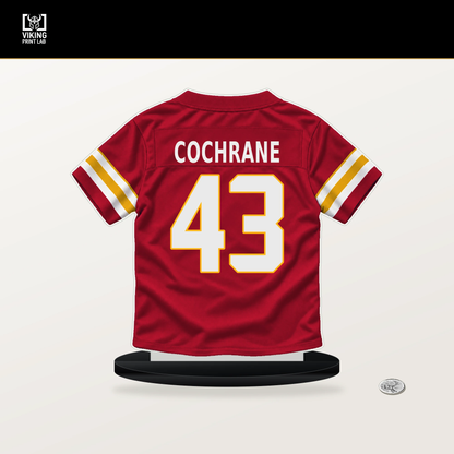 Jack Cochrane number 43 Kansas City Chiefs jersey stand with included black base.
