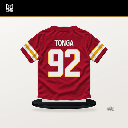 Khyiris Tonga number 92 Kansas City Chiefs jersey stand with included black base.