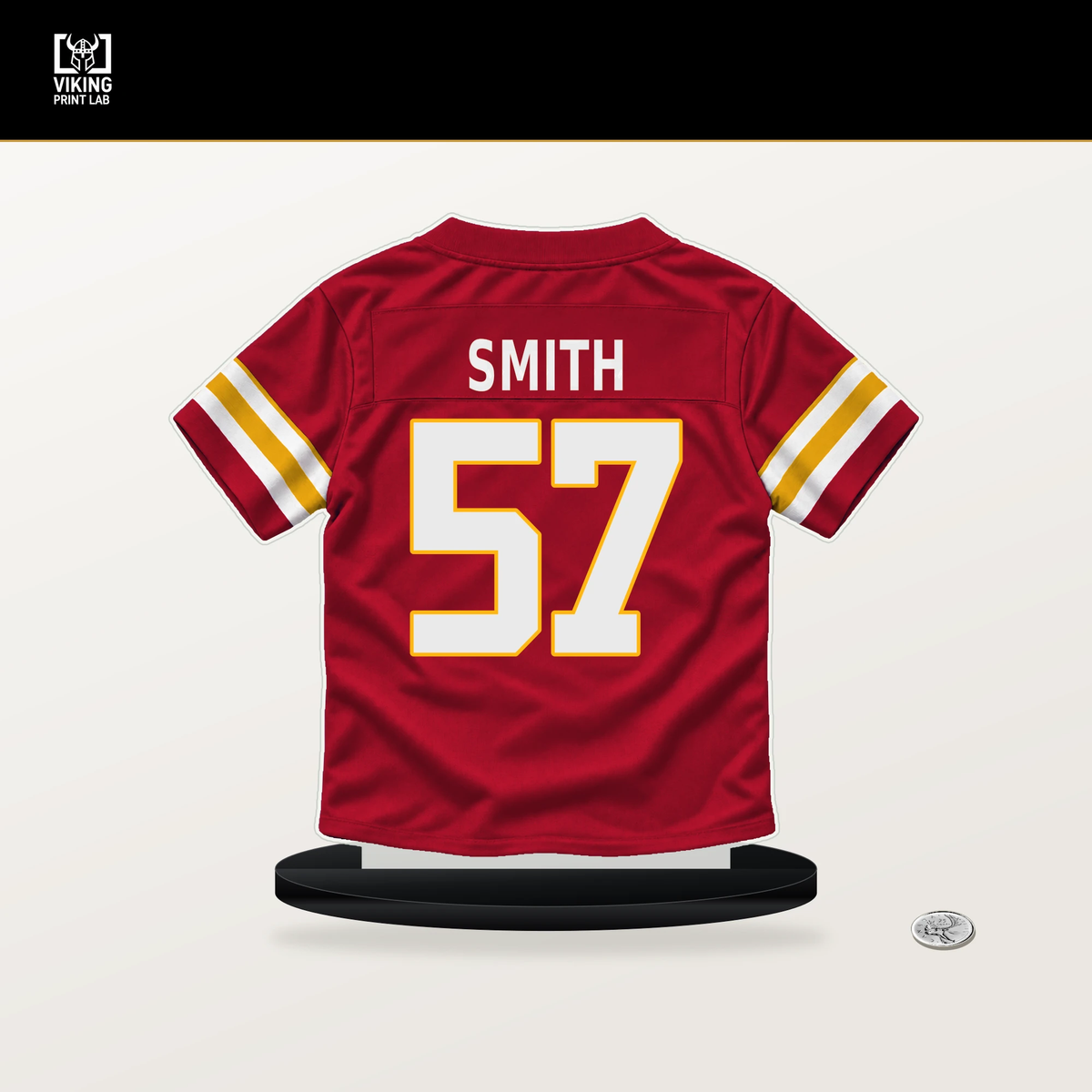 Tyreke Smith number 57 Kansas City Chiefs jersey stand with included black base.