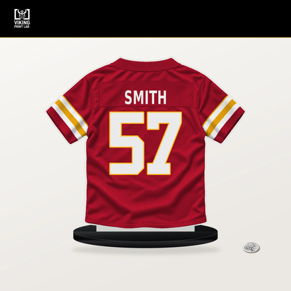 Tyreke Smith number 57 Kansas City Chiefs jersey stand with included black base.