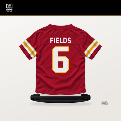 Justin Fields number 6 Kansas City Chiefs jersey stand with included black base.