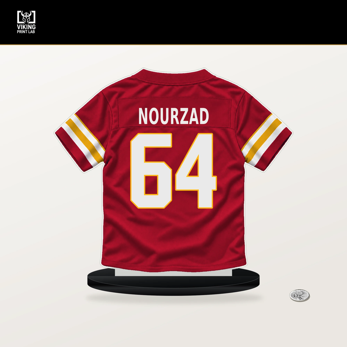 Hunter Nourzad number 64 Kansas City Chiefs jersey stand with included black base.