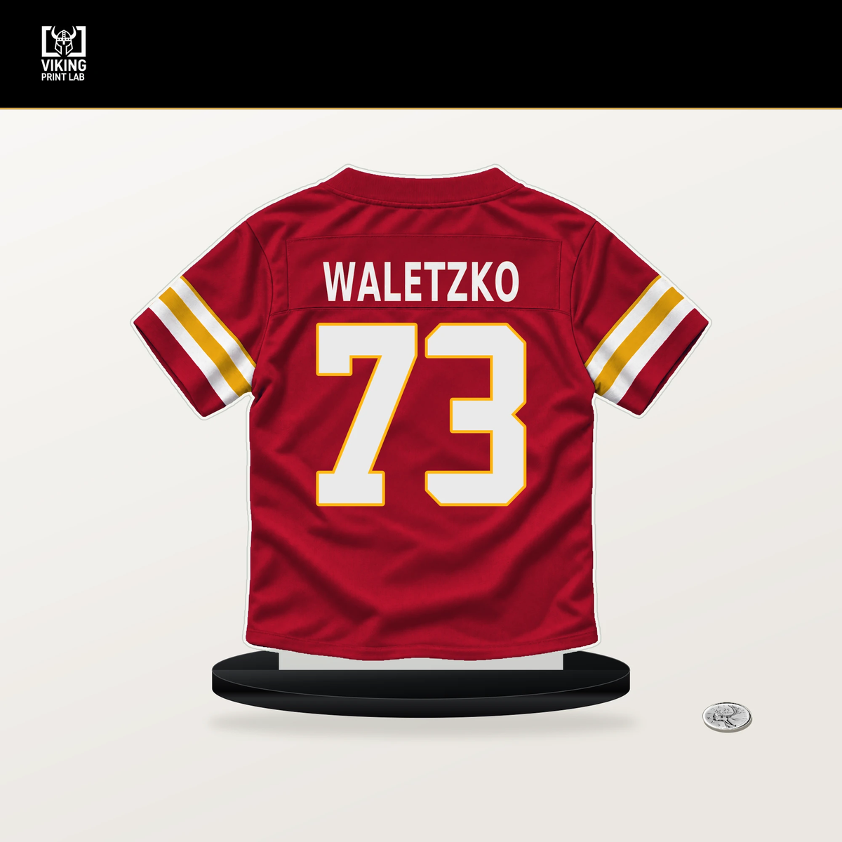 Matt Waletzko number 73 Kansas City Chiefs jersey stand with included black base.