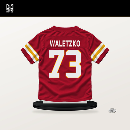 Matt Waletzko number 73 Kansas City Chiefs jersey stand with included black base.