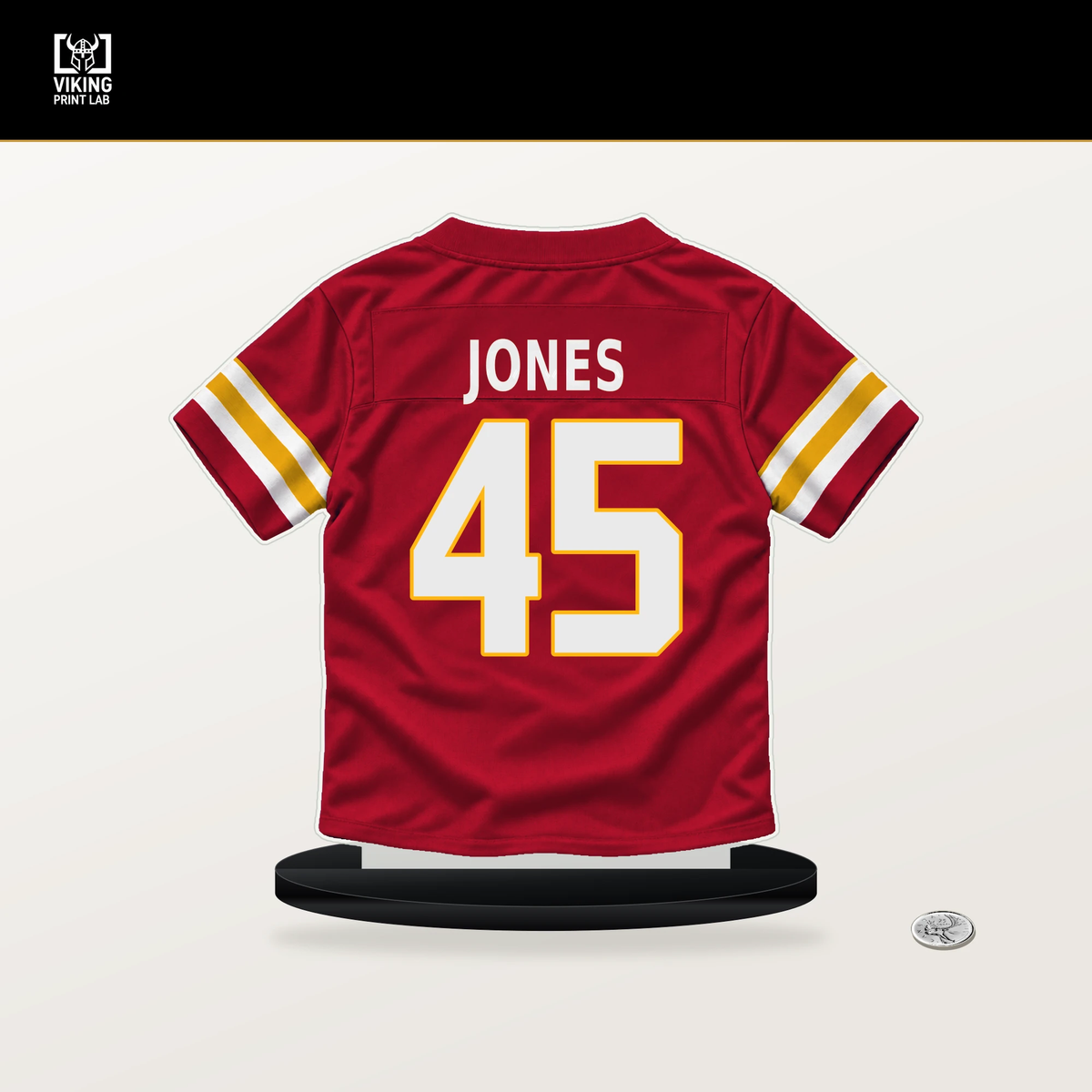 Cam Jones number 45 Kansas City Chiefs jersey stand with included black base.