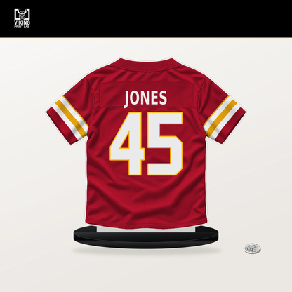 Cam Jones number 45 Kansas City Chiefs jersey stand with included black base.