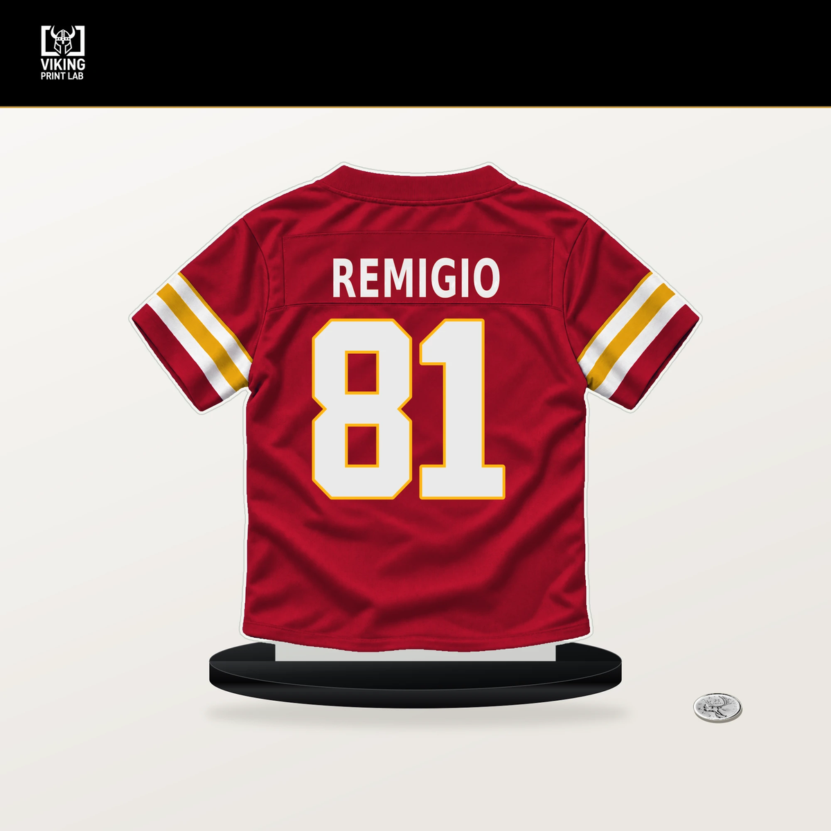 Nikko Remigio number 81 Kansas City Chiefs jersey stand with included black base.