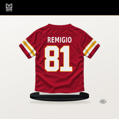 Nikko Remigio number 81 Kansas City Chiefs jersey stand with included black base.
