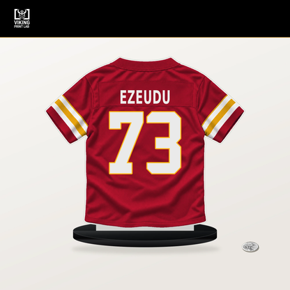Joshua Ezeudu number 73 Kansas City Chiefs jersey stand with included black base.