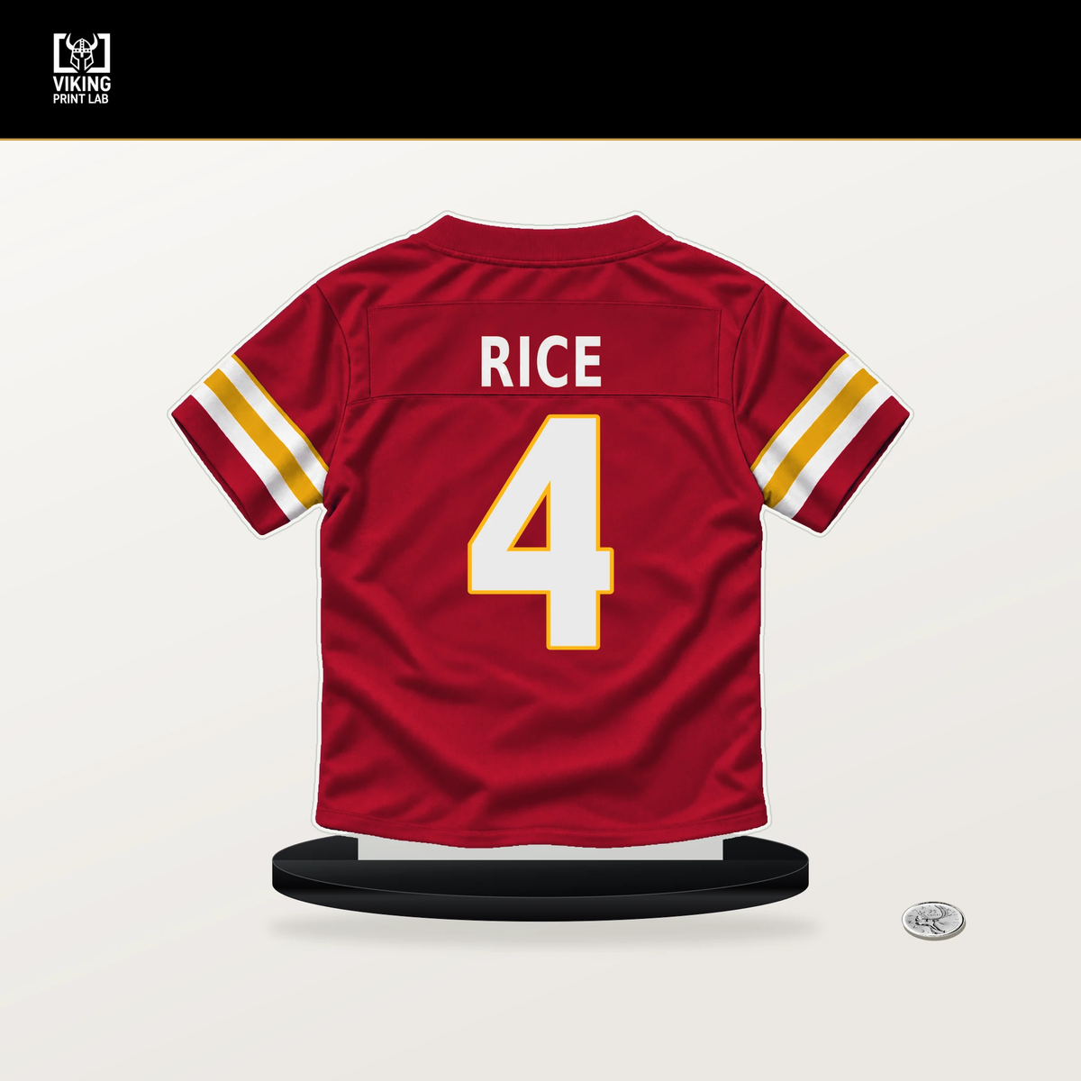 Rashee Rice number 4 Kansas City Chiefs jersey stand with included black base.