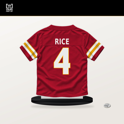 Rashee Rice number 4 Kansas City Chiefs jersey stand with included black base.