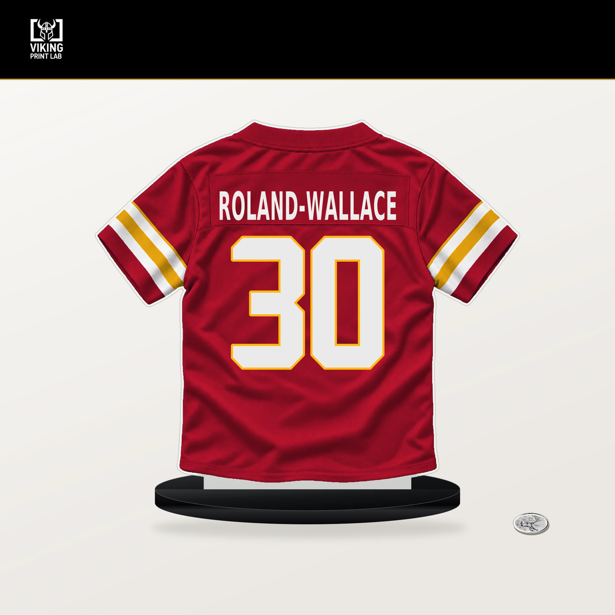 Chris Roland-Wallace number 30 Kansas City Chiefs jersey stand with included black base.