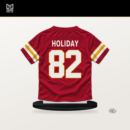 Jimmy Holiday number 82 Kansas City Chiefs jersey stand with included black base.