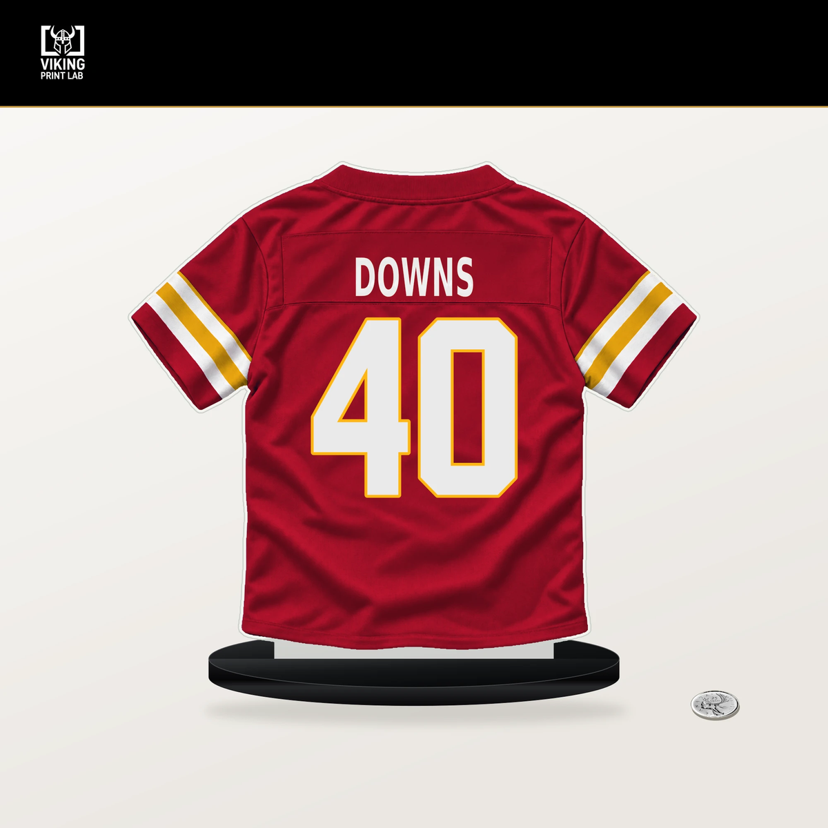 Ethan Downs number 40 Kansas City Chiefs jersey stand with included black base.