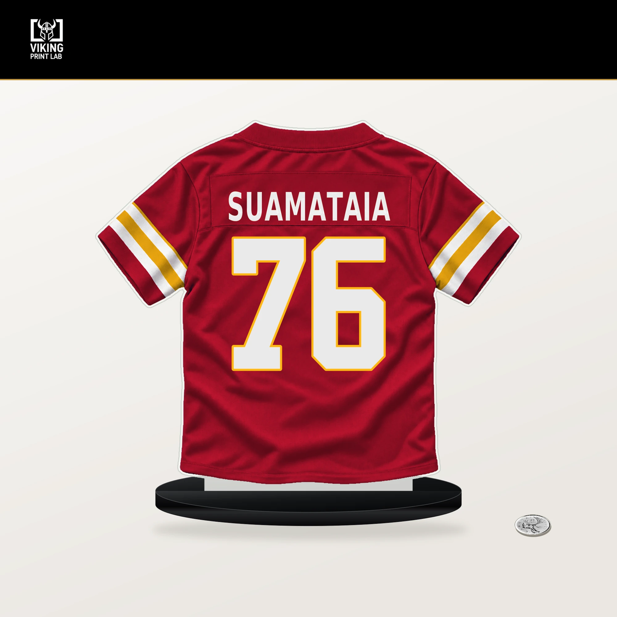 Kingsley Suamataia number 76 Kansas City Chiefs jersey stand with included black base.
