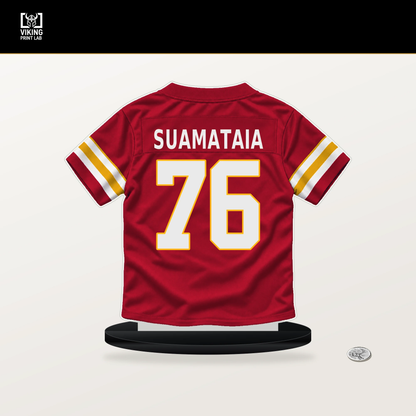 Kingsley Suamataia number 76 Kansas City Chiefs jersey stand with included black base.