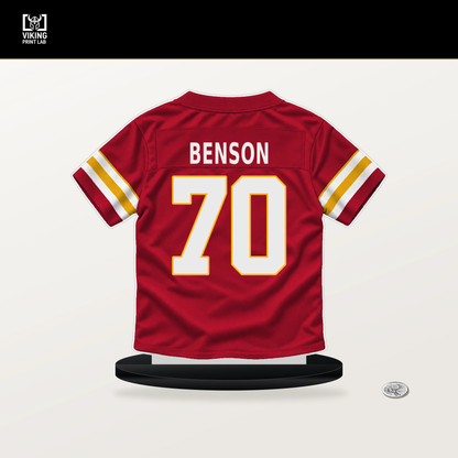 Kahlil Benson number 70 Kansas City Chiefs jersey stand with included black base.