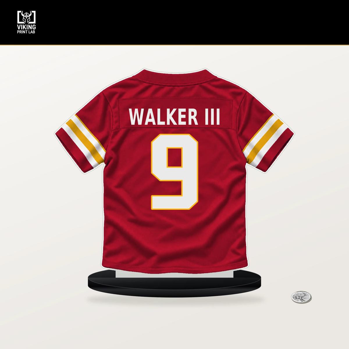 Kenneth Walker III number 9 Kansas City Chiefs jersey stand with included black base.