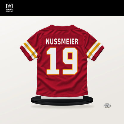 Garrett Nussmeier number 19 Kansas City Chiefs jersey stand with included black base.